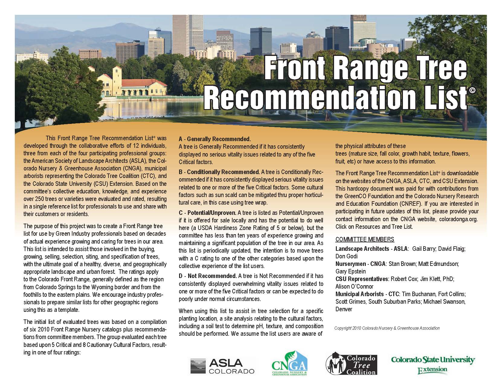 Front Range Tree Recommendation List